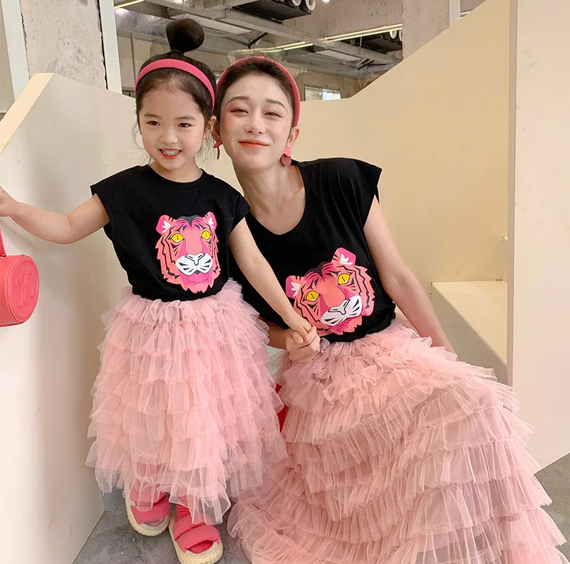 

Baby Girl Tutu Skirts Set Mother Kids Matching Clothes 2 pieces Tiger Tops Korean Cute Family Mom and Daughter Outfits