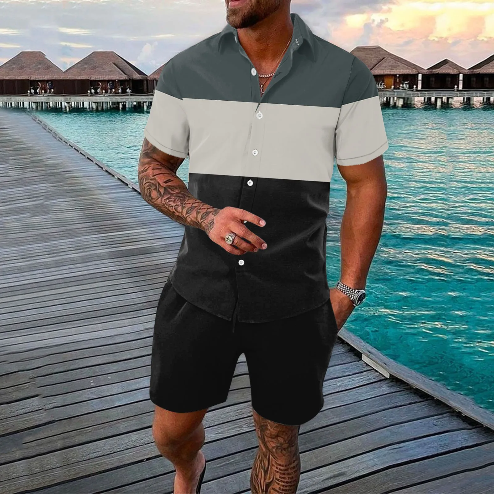Male 2 Piece Set Color Block Shirts Solid Color Quick Dry Shorts Men Sets Ensemble Homme Streetwear Dailywear Conjuntos New