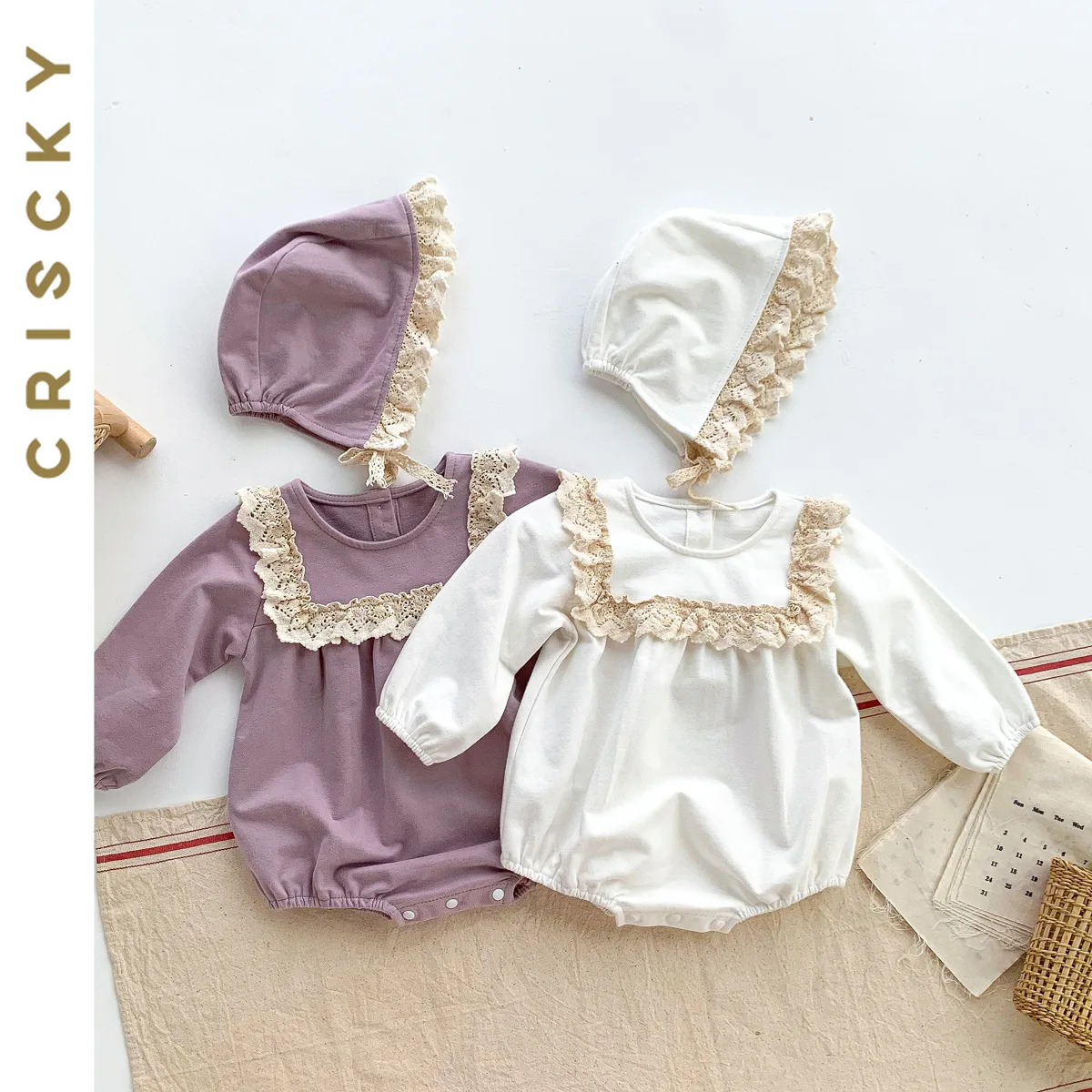 

2023 New 2PCS Toddler Kids Baby Girl Clothes Long Sleeve Lace Jumpsuit with Hat Autumn Bodysuit Outfits Baby Clothing