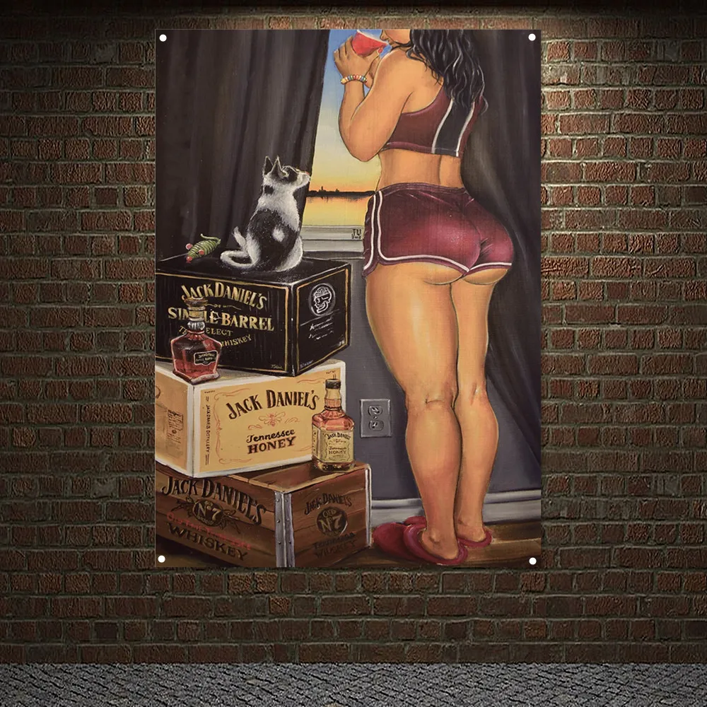 

MORNING SIP WHISKEY Vintage Art Poster Wall Hanging Flag Sexy Babes Banner Wall Painting Club Bar Man Cave Home Decor Sticker