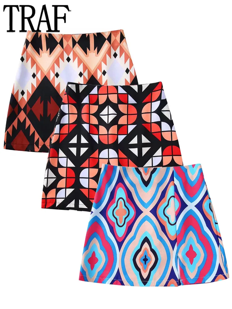 

TRAF Geometric Mini Skirts Womens 2022 Print High Waist Woman Skirt Streetwear Short Skirts for Women Summer Aesthetic Skirts
