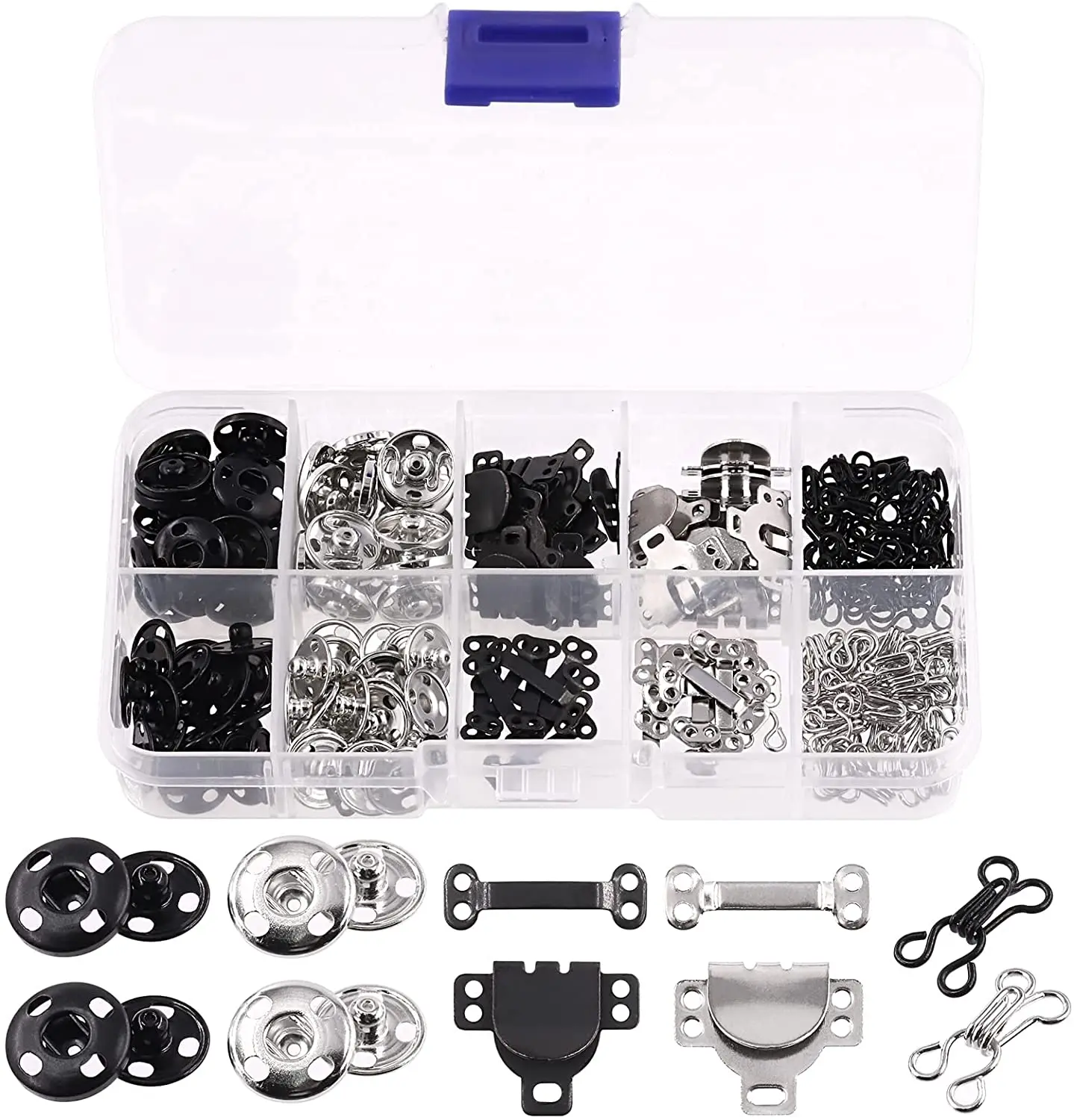 

100 Metal Fastener Snap Button Hooks and Eyes Sewing Closures Set Tool Kit Crafts for Clothes, Jacket, Jeans, Bag, Belt, Bra