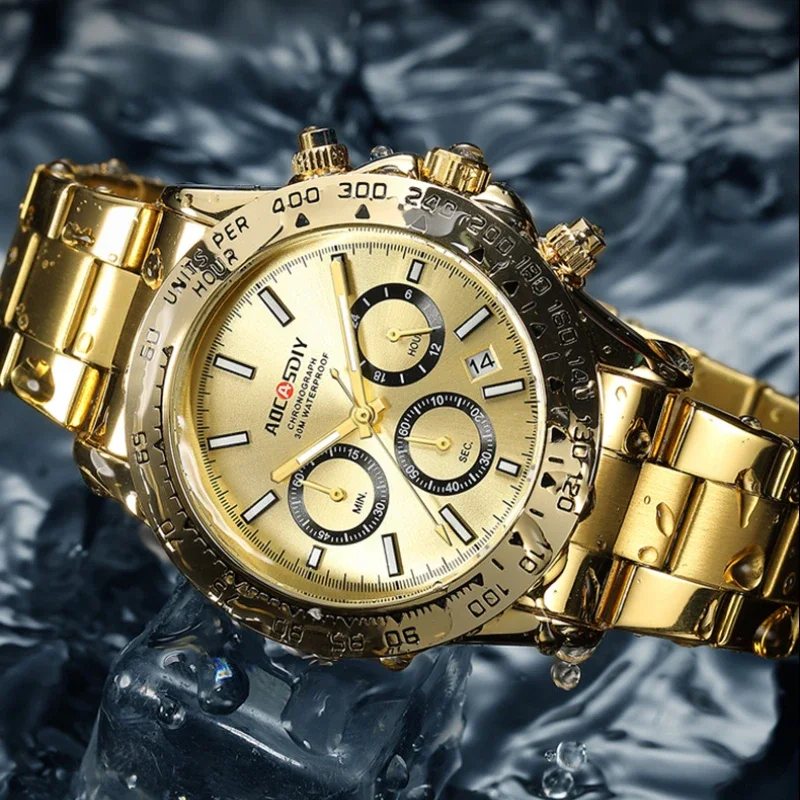 Модные золотые часы с ночным светом и календарем кварцевые для мужчин элитные
