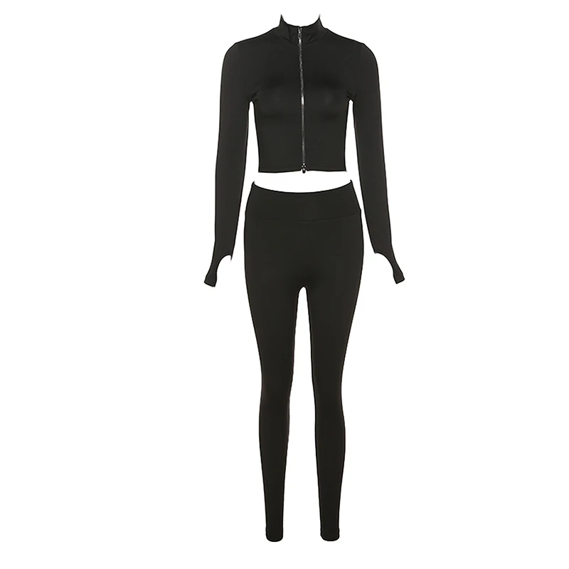 

Women's 2Pcs Tracksuit Outfit Sets Long Sleeve Lapel Zipper Tops + Solid Color High Waist Pants