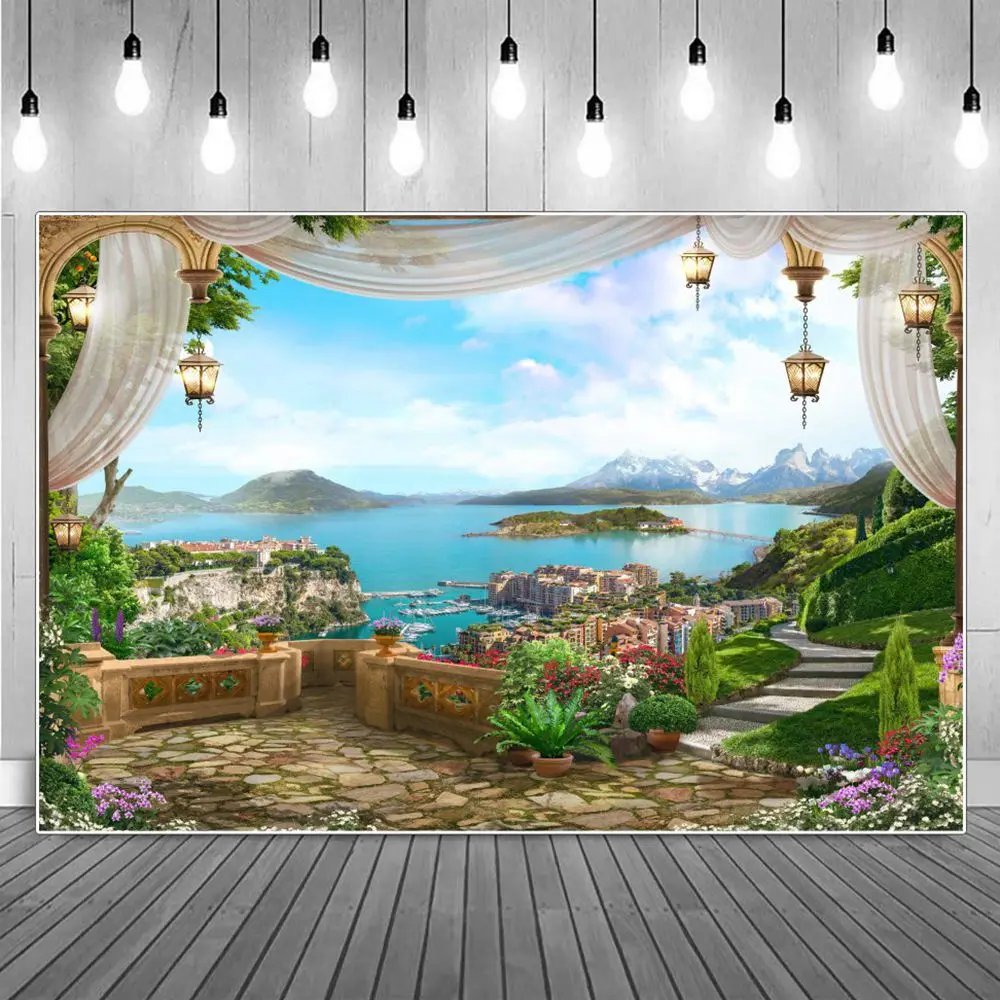 

Mountains & Lakes Viewing Platform Birthday Photography Backdrops White Curtain Balcony City Scenery Photographic Backgrounds