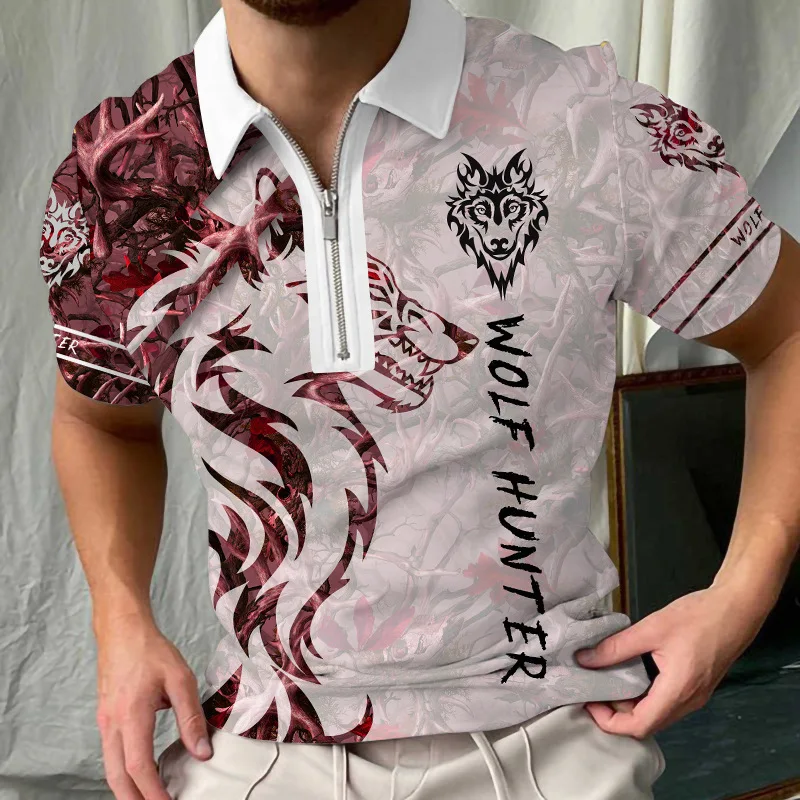 Fashion zipper polo shirt 3D digital printing loose short-sleeved European size quick-drying collar T-shirt lone wolf men's top