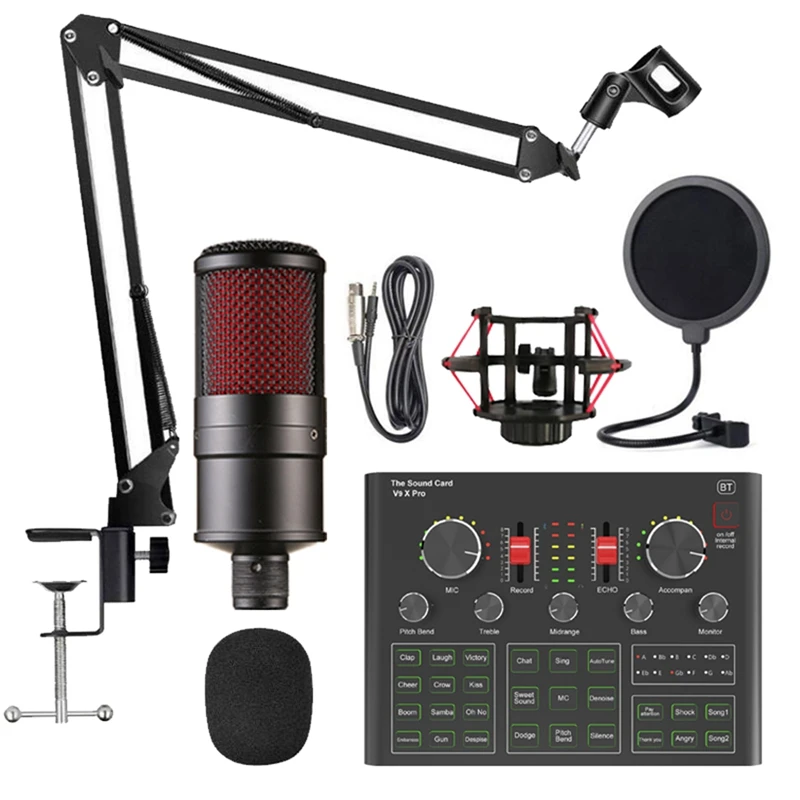 

K16 Condenser Microphone Set With V9X PRO Live Sound Card, Scissor Arm, Shock Mount And Cap For Studio Recording
