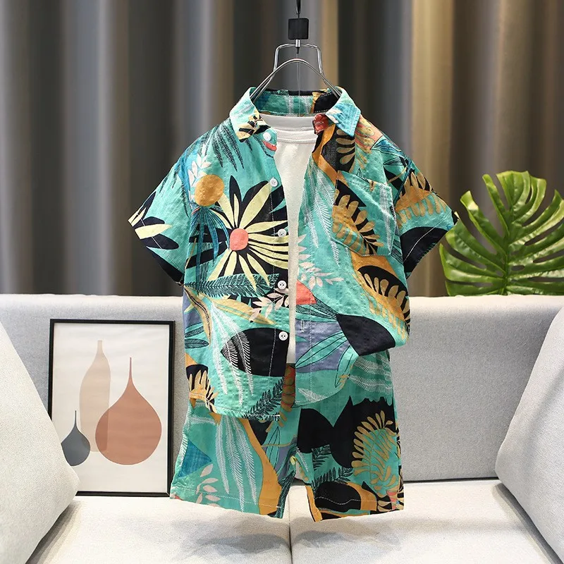 

Детский пляжный костюм для мальчиков 2-12 лет, рубашка с коротким рукавом и цветочным принтом + Пляжные штаны, комплект джентльменов, на лето