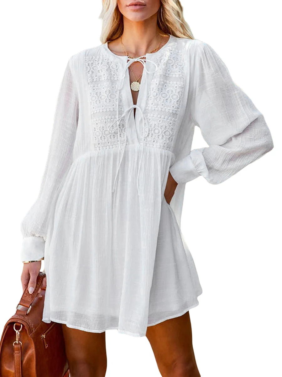 

Women Fall Casual Dres Lace Patchwork Tied V Neck Long Sleeve Loose for Ladies