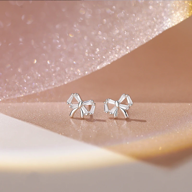 

925 Sterling Silver Cute Inlaid Zircon Bow Stud Earrings For Women Simple Student Girlfriends Jewelry Accessories Gifts