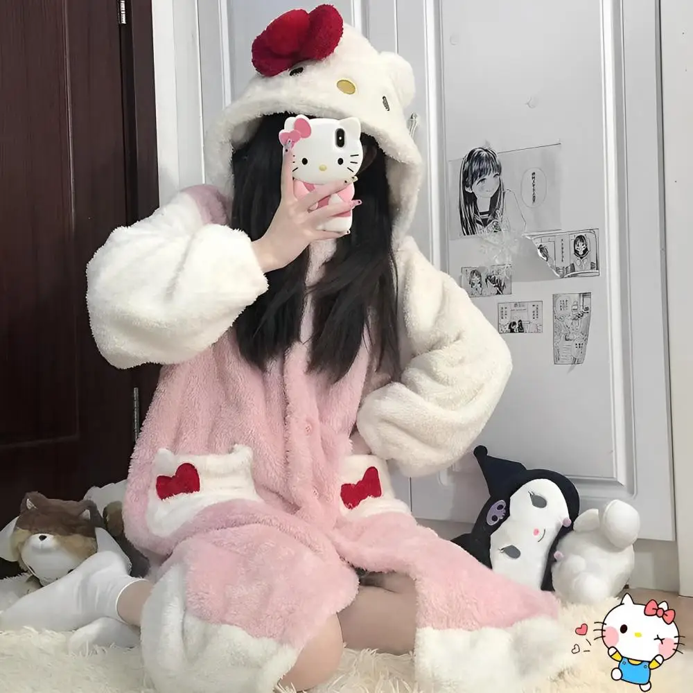

Kawaii Sanrios Hellokitty Soft Coral Velvet Sleepwear Cartoon Kt Cat Autumn Winter Plush Pajamas Cute Outdoors Household Clothes