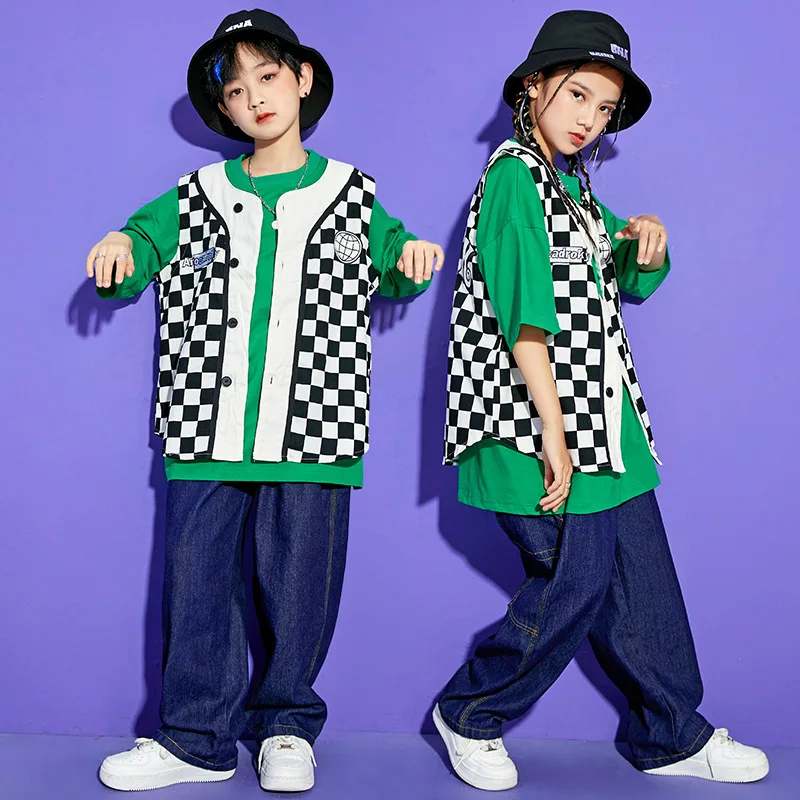 Комплект уличной одежды в стиле хип-хоп для мальчиков и девочек клетчатый жилет