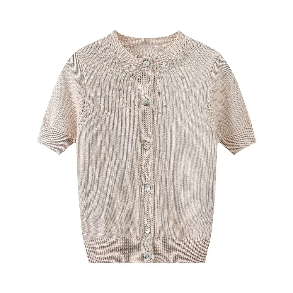 Женский вязаный кардиган с коротким рукавом бусинами