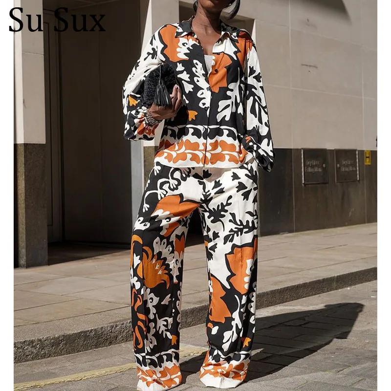 

2 Pieces Women's Sets 2022 Autumn Print Long Sleeve Blouse Shirt Top and Wide Leg Pant Suits Outfits Streetwear Overalls New