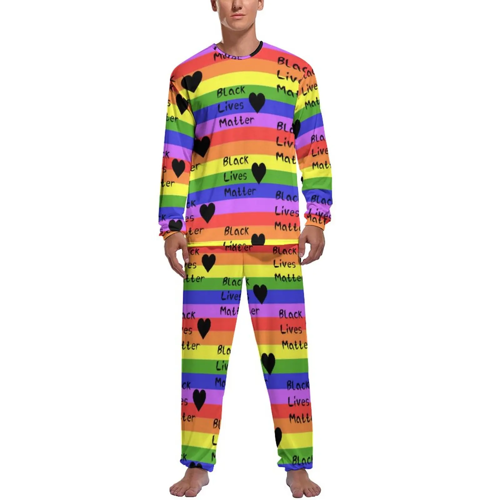 Black Heart Print Pajamas Winter 2 Pieces Rainbow Flag Cute Pajamas Set Male Long Sleeve Leisure Custom Sleepwear