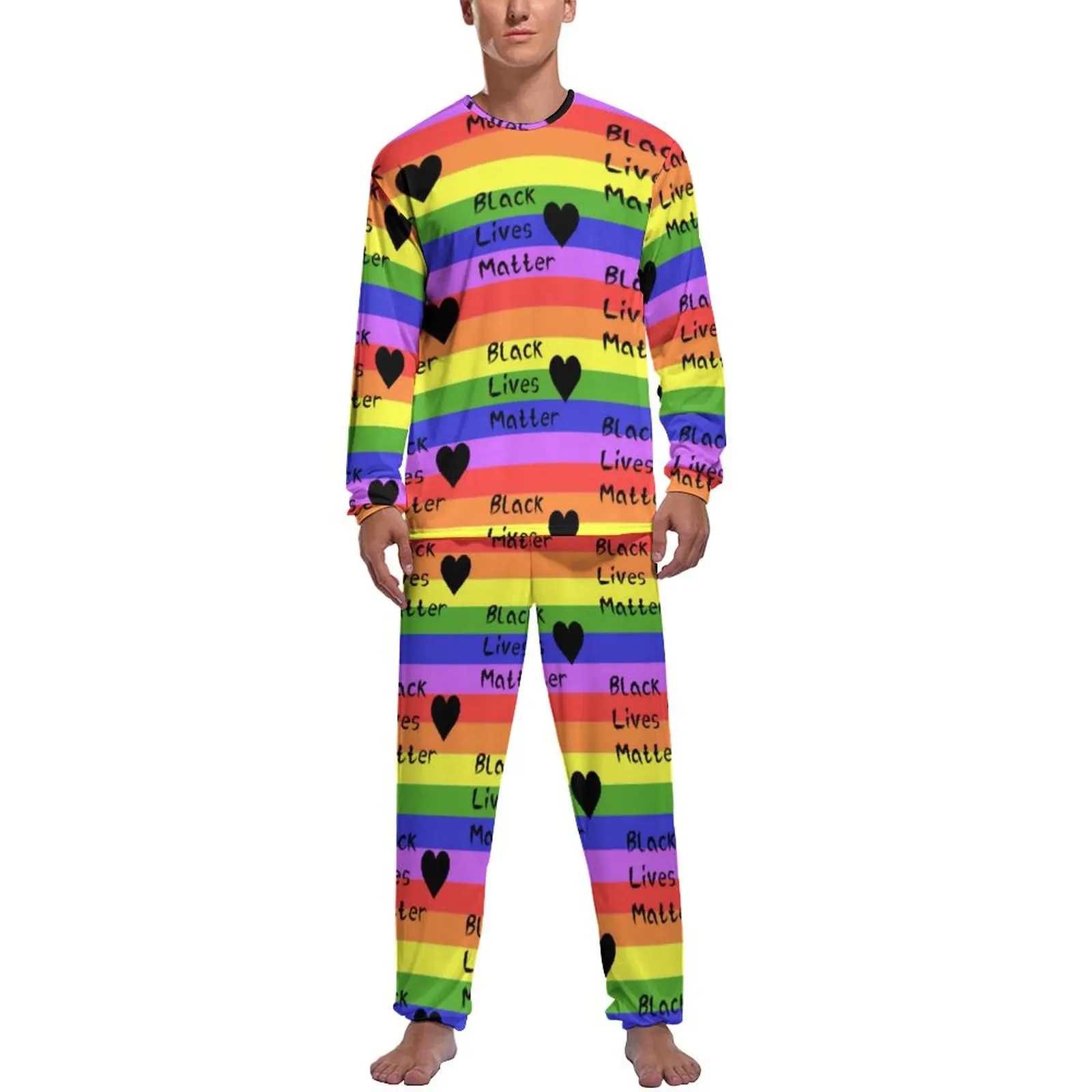 

Black Heart Print Pajamas Winter 2 Pieces Rainbow Flag Cute Pajamas Set Male Long Sleeve Leisure Custom Sleepwear