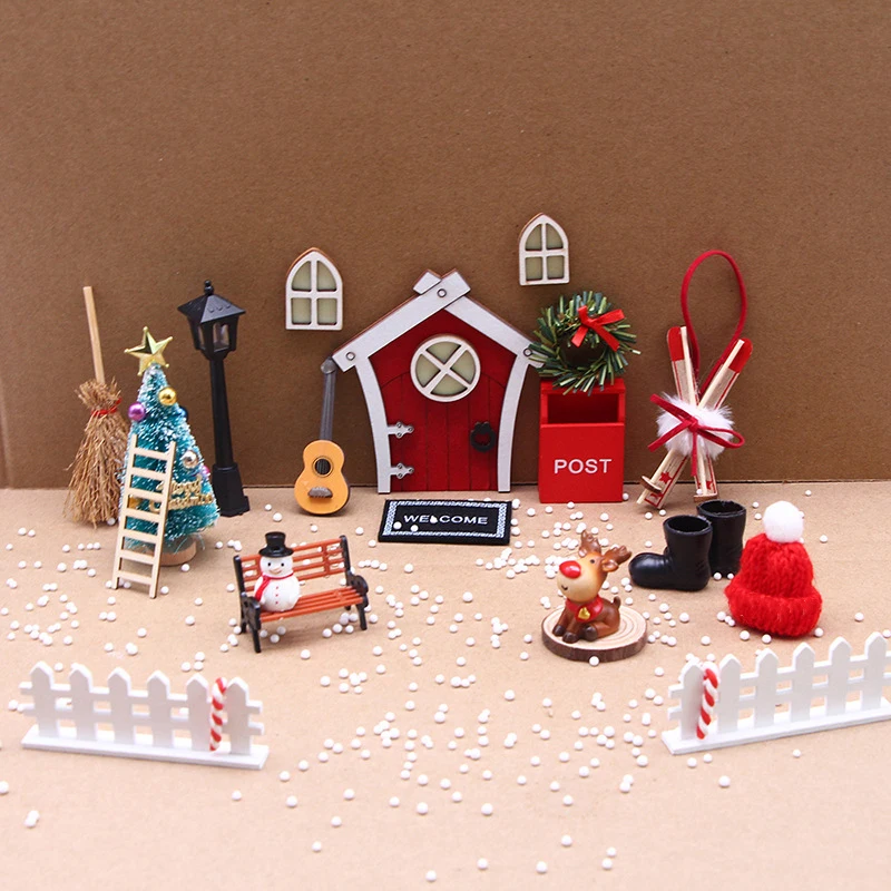 

1Set 1:12 Dollhouse Miniature Christmas Elf Door Fluorescent Fairy Door Sled Guitar Bench Model House Decor Toy