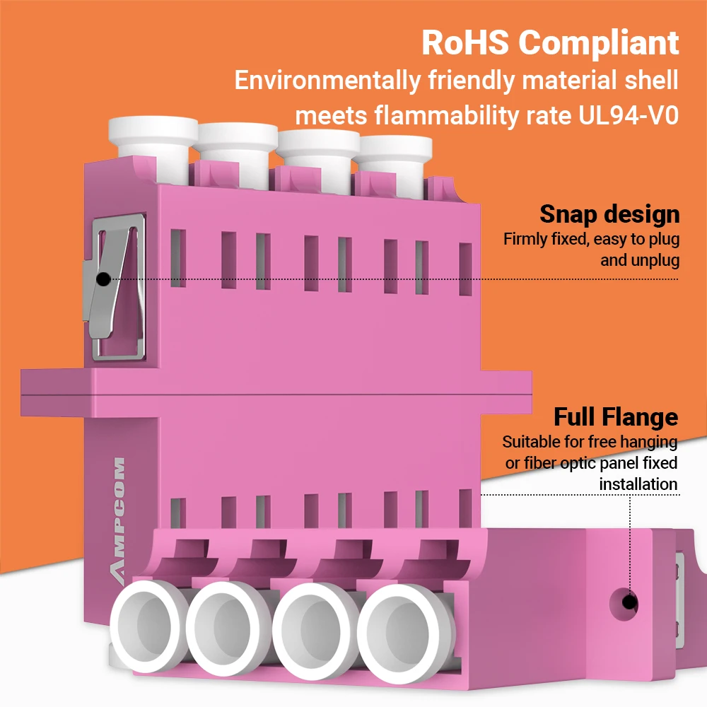 AMPCOM LC To LC Quad Fiber Optical Coupler OS1 OS2 OM1 OM2 OM3 OM4 Full Flange Optic Adapter SMF MMF Female to Female APC UPC
