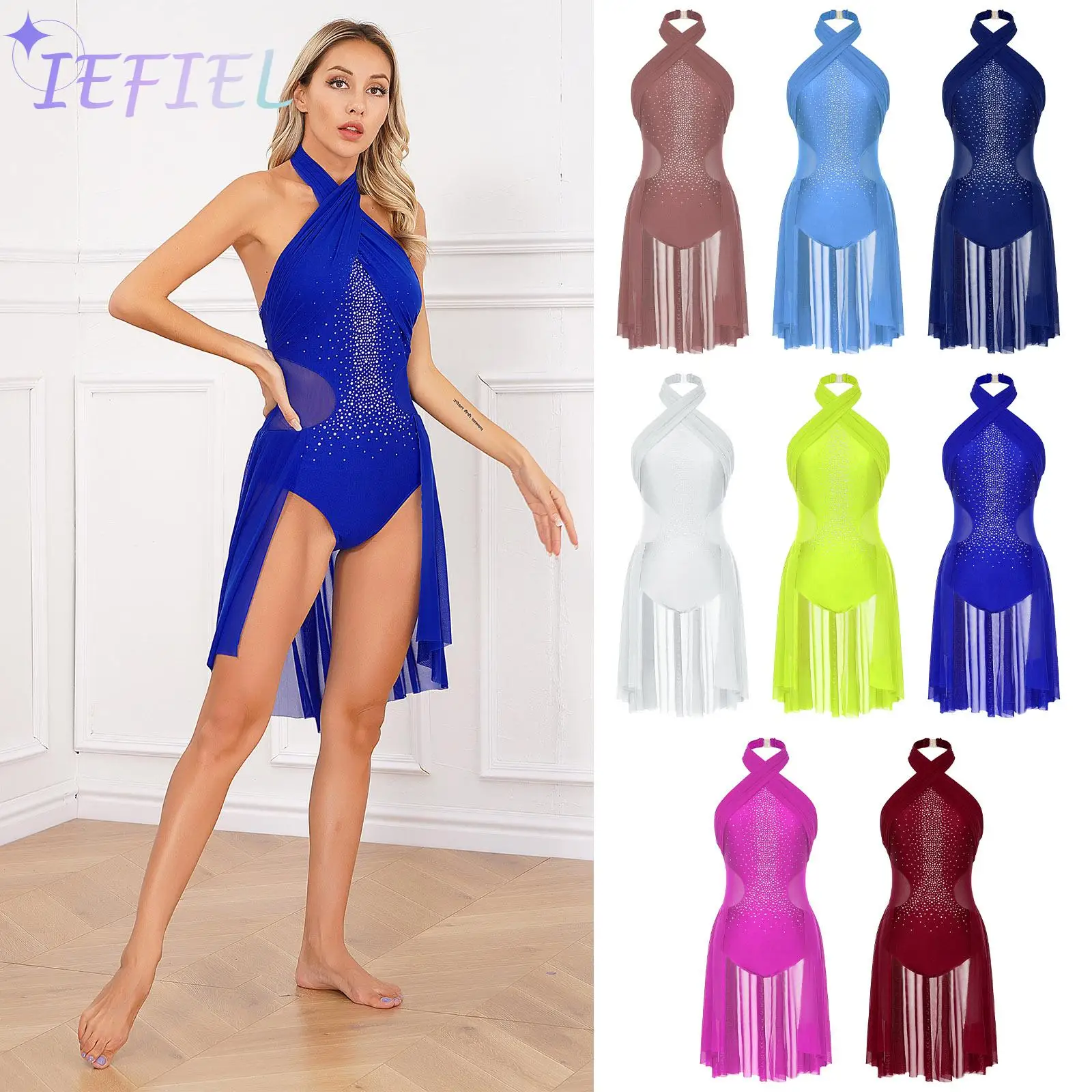 

Figure Ice Skating Gymnastics Stage Dancing Ballet Tutu Leotard Costume Sleeveless Rhinestone Mesh Splice Dancewear for Women