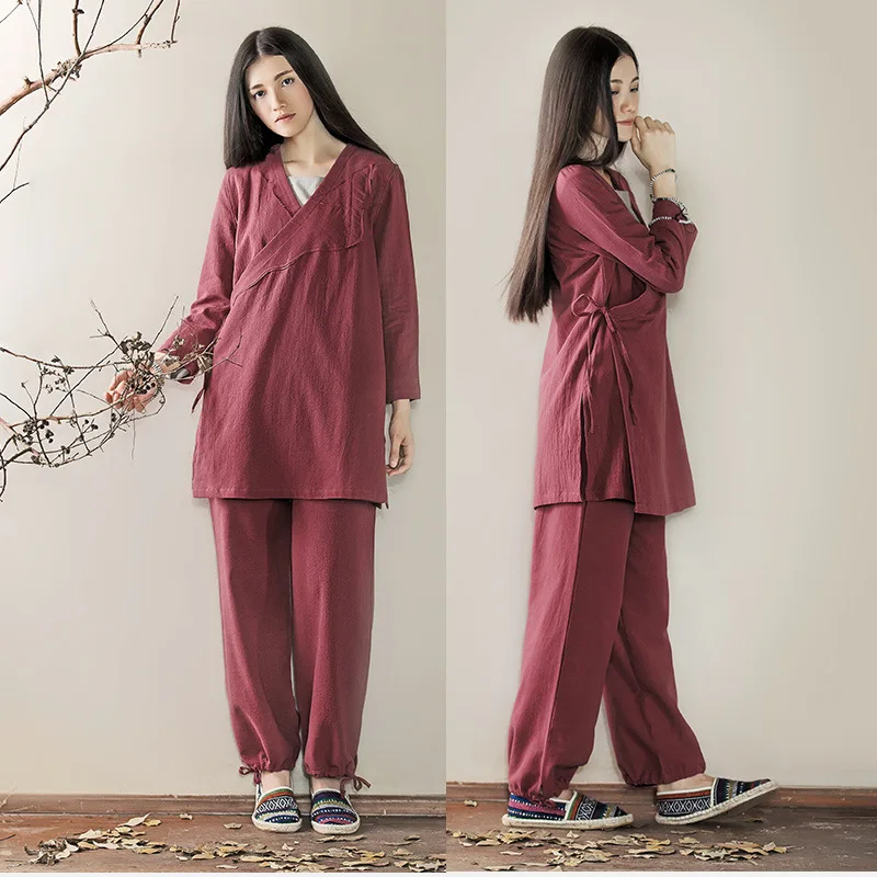 Autumn Winter Women Yoga Tai Chi Kungfu Meditaiton Set Cotton Linen Loose Shirt+pant Jogger Workout Outfit Wushu Casual Set