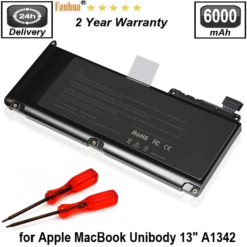 Replacement Battery A1331 for MacBook 13 inch A1342 MC207LL/A MC516LL/A A1342 (Late 2009& Mid 2010) MC516LL/A 10.95V/10.8V 65Wh