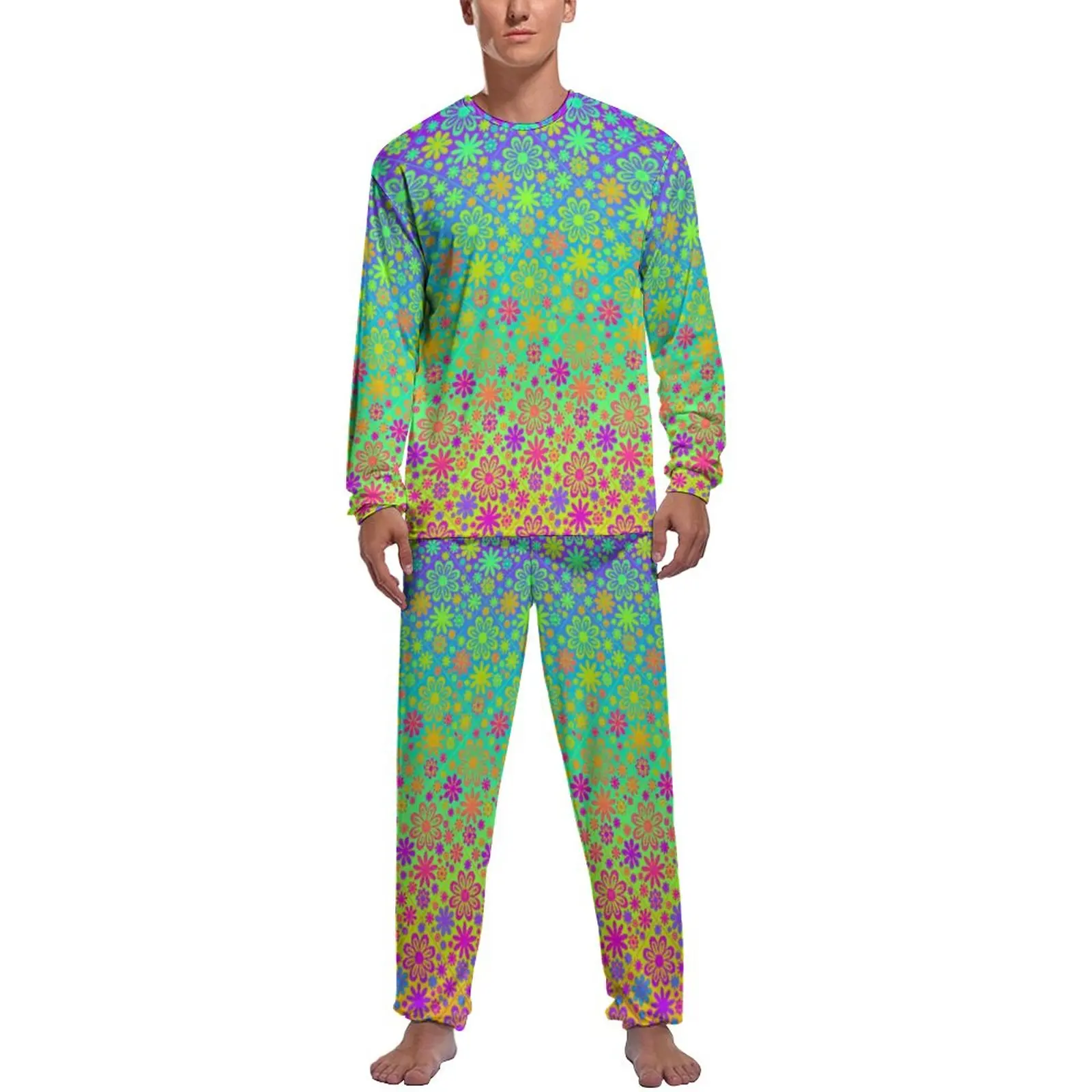Groovy Daisy Print Pajamas Spring Retro Ombre Sleep Sleepwear Male 2 Pieces Graphic Long Sleeves Romantic Pajama Sets