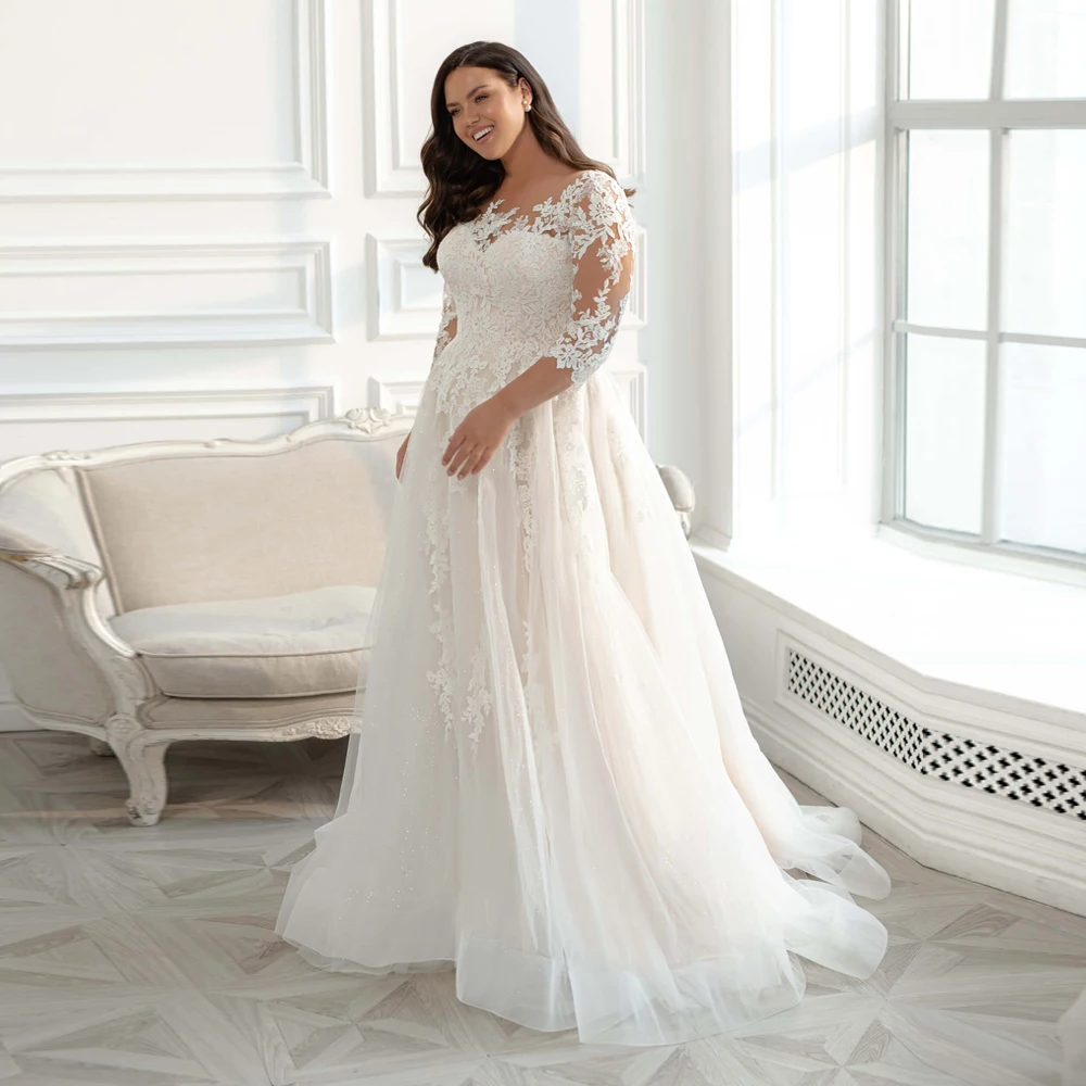 Купи 2023 Eleagnt Wedding Dress Plus Size Glitter Tulle Lace Applique Vestido De Noiva Bride Dresses Big Size Women Modest 3/4 Sleeve за 5,771 рублей в магазине AliExpress