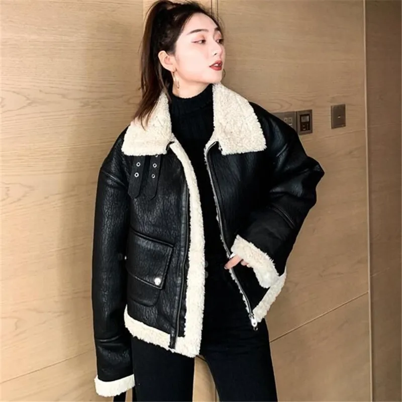 Women High Quality Black Motorcycle Jacket Thermal Padded Warm Parkas Short Design Lamb Fur Flight Coat black korean brown