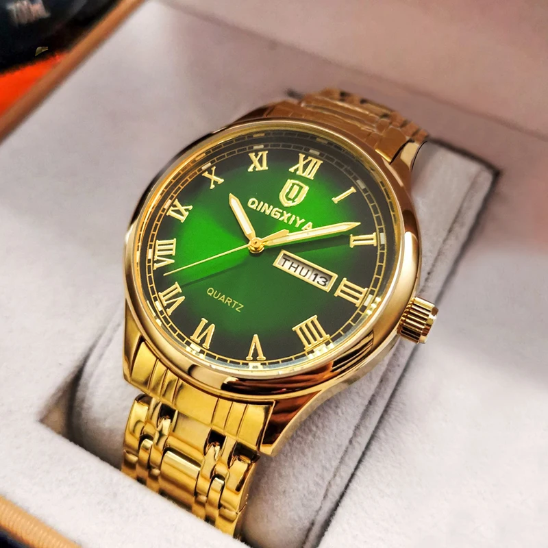 

QINGXIYA New Fashion Business Mens Watches Luminous Waterproof Luxury Gold Strap Quartz Watch Week Calendar Relogio Masculino