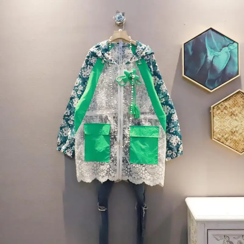 

Luxury Lace Patchwork Hooded Jacket Women Long Sleeves Trench Coat Streetwear Korean Fashion Tops Bomber Jacket Quick Dry