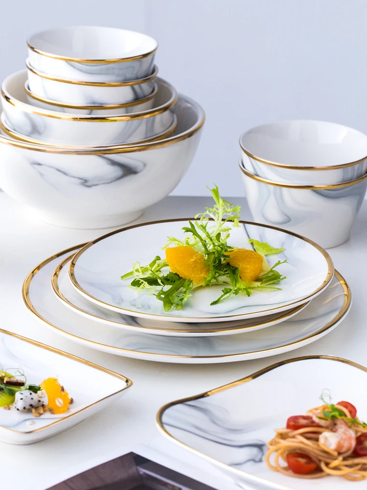 

Creative Ceramic Plate Steak Luxury Kitchen Food Nordic Round Fruit Snack Cake Plate Dessert Pratos De Jantar Tableware 50