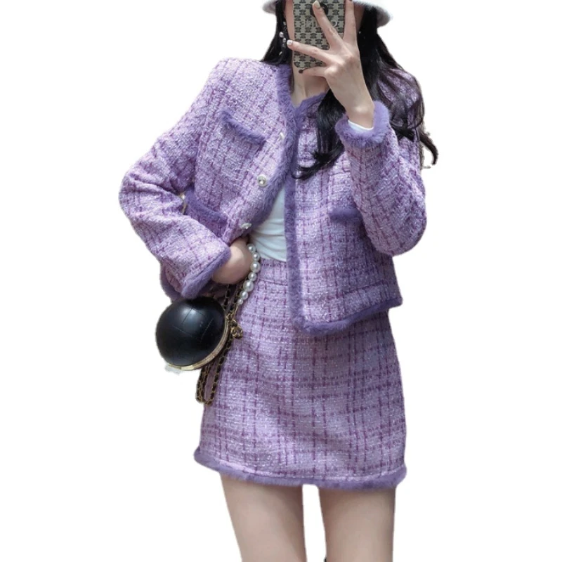 Purple Woolen Skirts Sets for Women 2022 Winter Set Two Piece Suit Mink Fur Stitching Tweed Quilted Coat + A- Line Mini Skirt enlarge