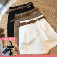 cotton shorts women casual summer vintage wide leg pants solid color high waist shorts thin and loose with belt fashion clothing