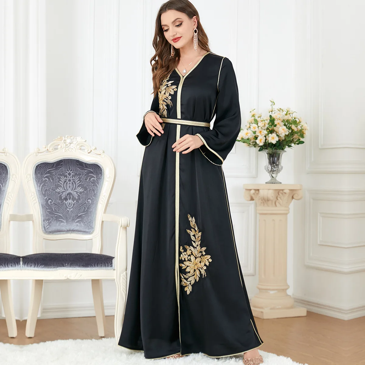Women Muslim Elegant Black Chiffon Embroidery V-neck with Belt Robe Dubai Abaya Arab Islamic Women Moroccan Kaftan Dress
