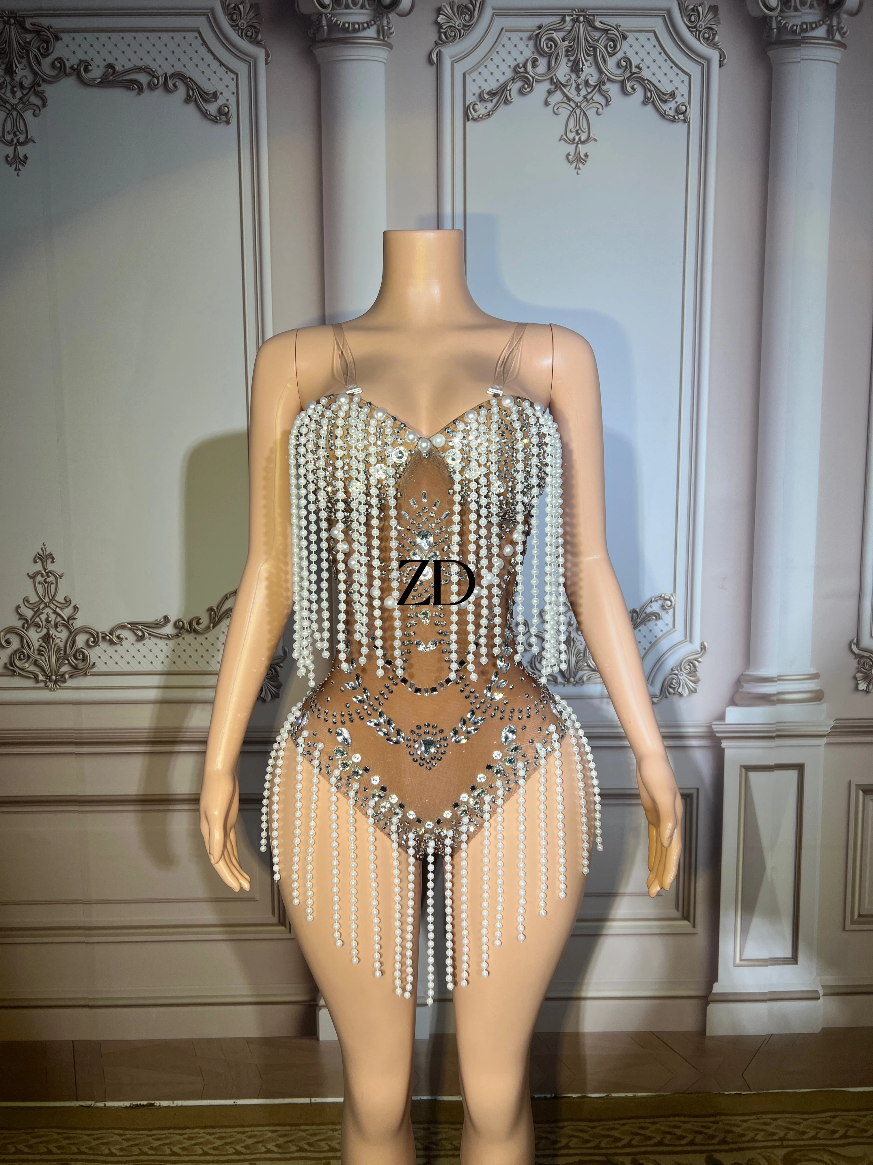 Sparkly Silver Rhinestones Pearls Fringes Bodysuit See Through Birthday Evening Celebrate Outfit Party Dance Female plus size