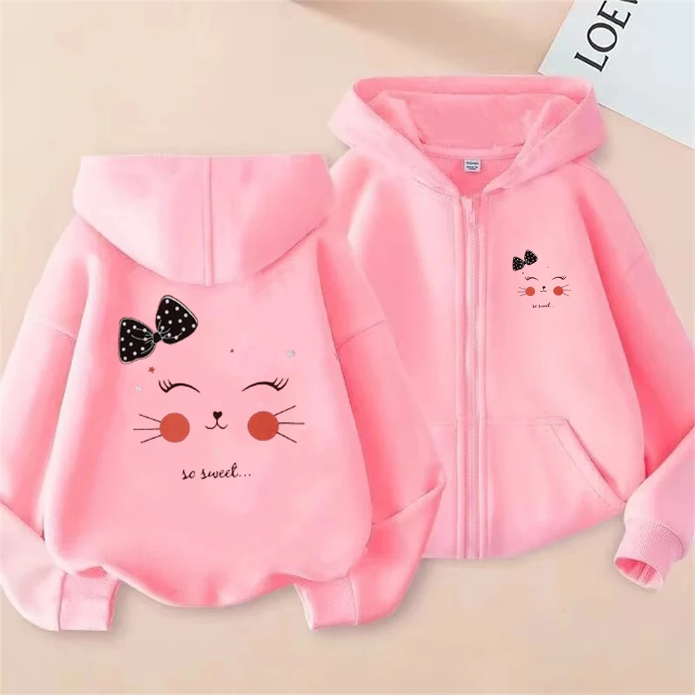 Модное розовое модное пальто с капюшоном милым котом детские толстовки на молнии
