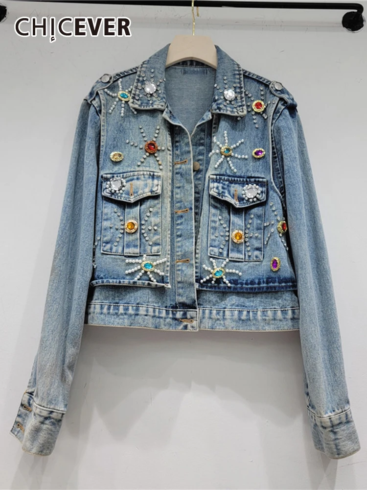 

CHICEVER Spliced Embroidered Flares Denim Jackets For Women Lapel Long Sleeve Single Breasted Loose Folds Hit Color Coat Female