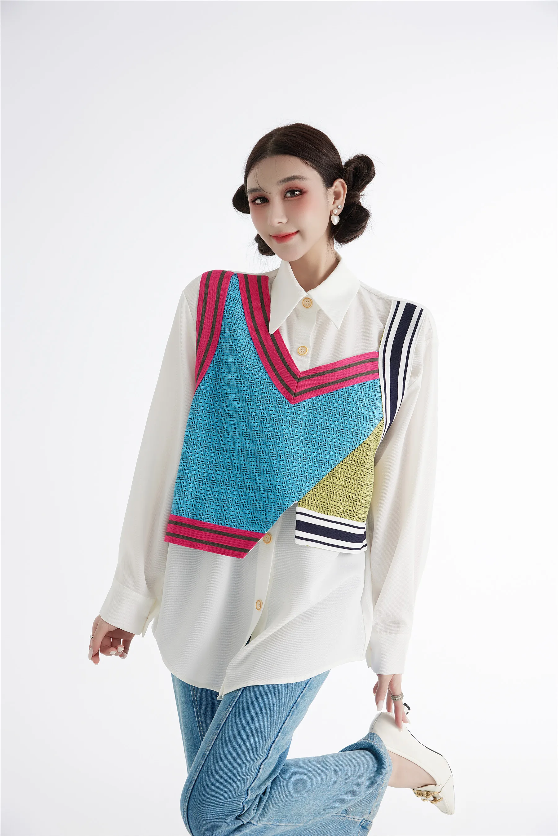 

SuperAen Fake Two-piece Stitching Contrast Long-sleeved Shirt Womem Spring Asymmetric Design Shirt 2023 New