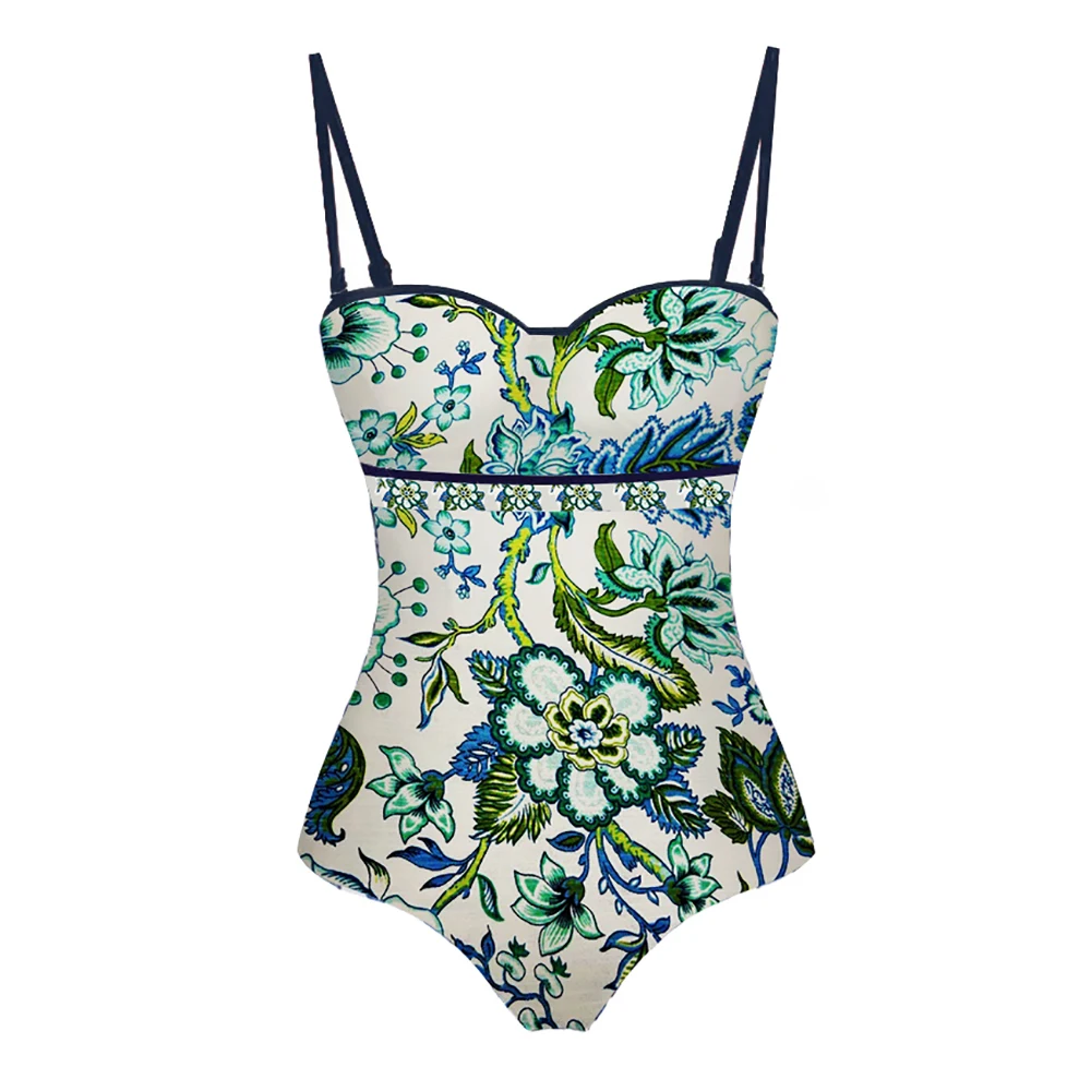 Floral Print Slender Shoulder Strap Swimsuits & Skirts Chic Lace-Up One Piece Swimwear Sexy V-Neck BIkinis Summer Beach Dress