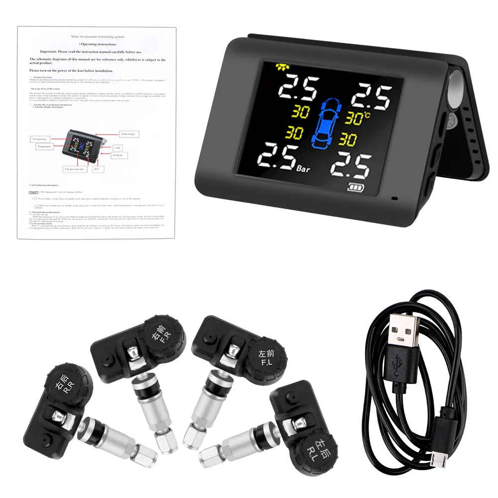 

Солнечная энергия TPMS Система контроля давления в автомобильных шинах с 4 внешними или встроенными датчиками Светодиодный дисплей