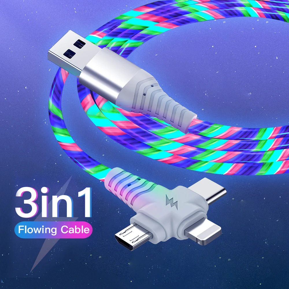 

OLAF 3 в 1 потоковый светящийся USB-кабель для iPhone 13 12 11 Pro Max 2 в 1 светодиодный Micro USB Type C кабель зарядное устройство для Xiaomi Huawei