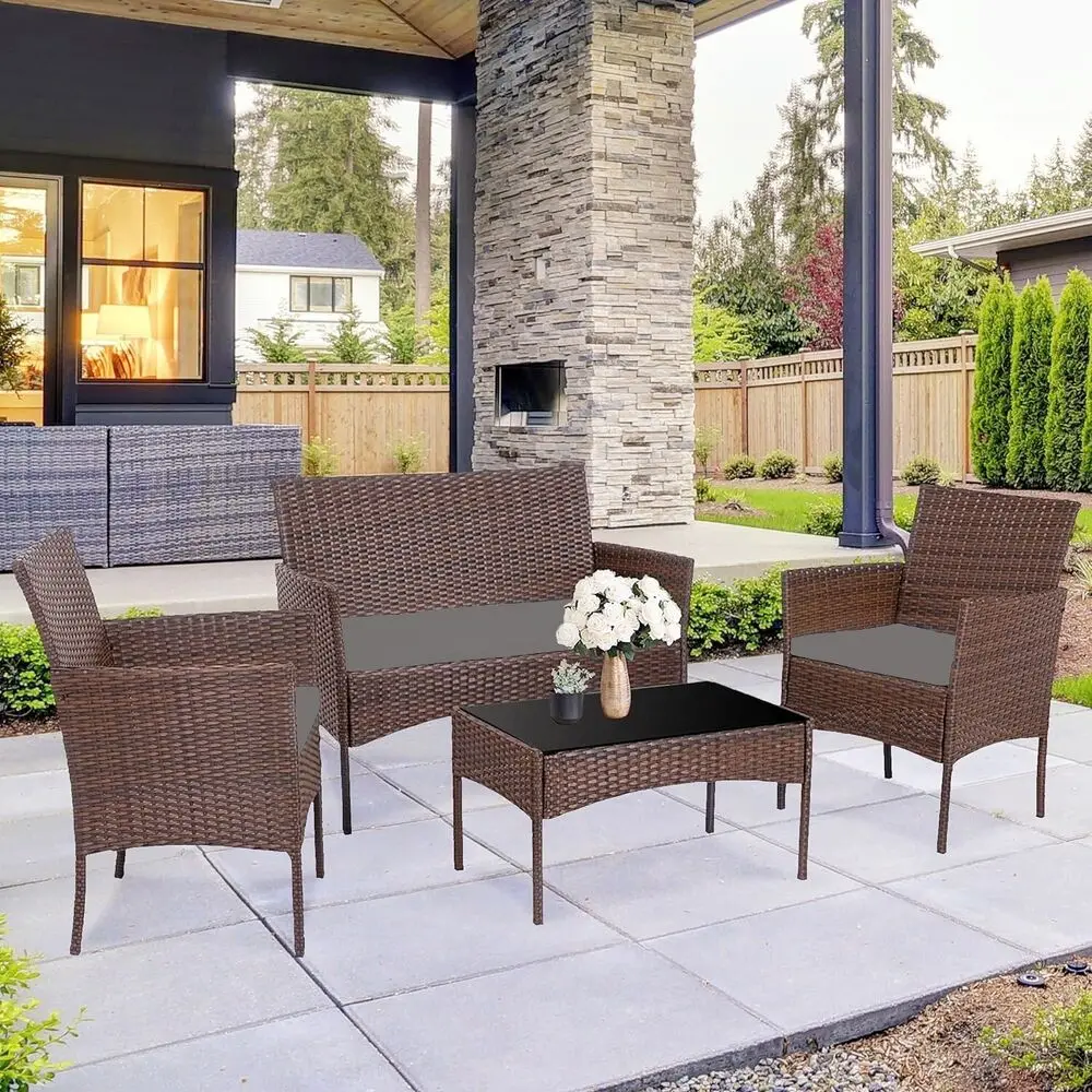 

Patio Furniture Set 4 Piece Outdoor Rattan Sofa Chairs Conversation Set