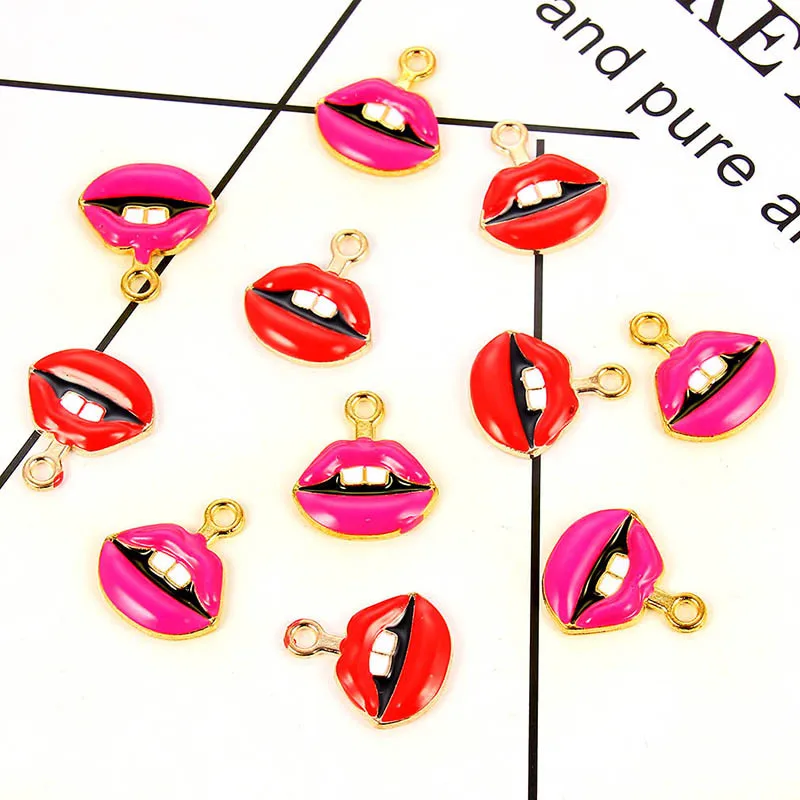 

10pcs/Lot Enamel Red Rose Lips Shape Charms DIY Jewelry Accessories Dripping Alloy KC Gold Color Tone Pendant