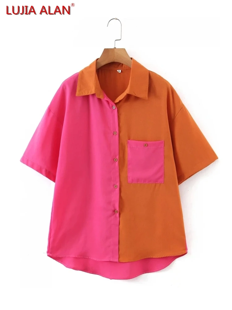 

Women Contrast Color Patchwork Single Pocket Shirts Summer Female Short Sleeve Blouse Tops Elegant Streetwear LUJIA ALAN B368