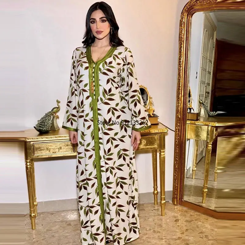 Muslim Fashion Abaya Summer Elegant Muslim Women Long Sleeve V-neck Polyester Printing Long Abaya Summer Dress African Dress