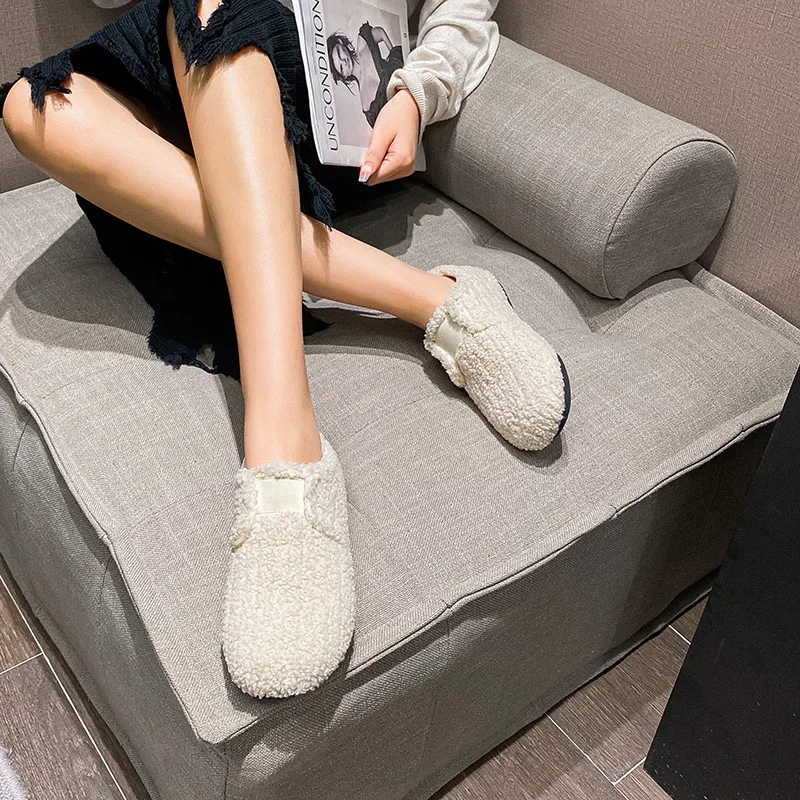 Winter Girls White Wool Moccasins Women Comfy Lambswool Flats Fleeces Loafers Femme Plush Warm Fur Boots Elastic Slip On Shoes