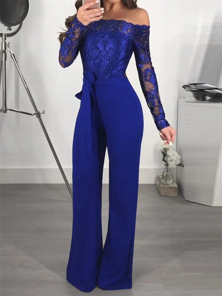 

Jumpsuit Women 2022 Bodysuit Contrast Lace Off Shoulder Tied Detail Jumpsuit One Piece For Women Combinaison Femme