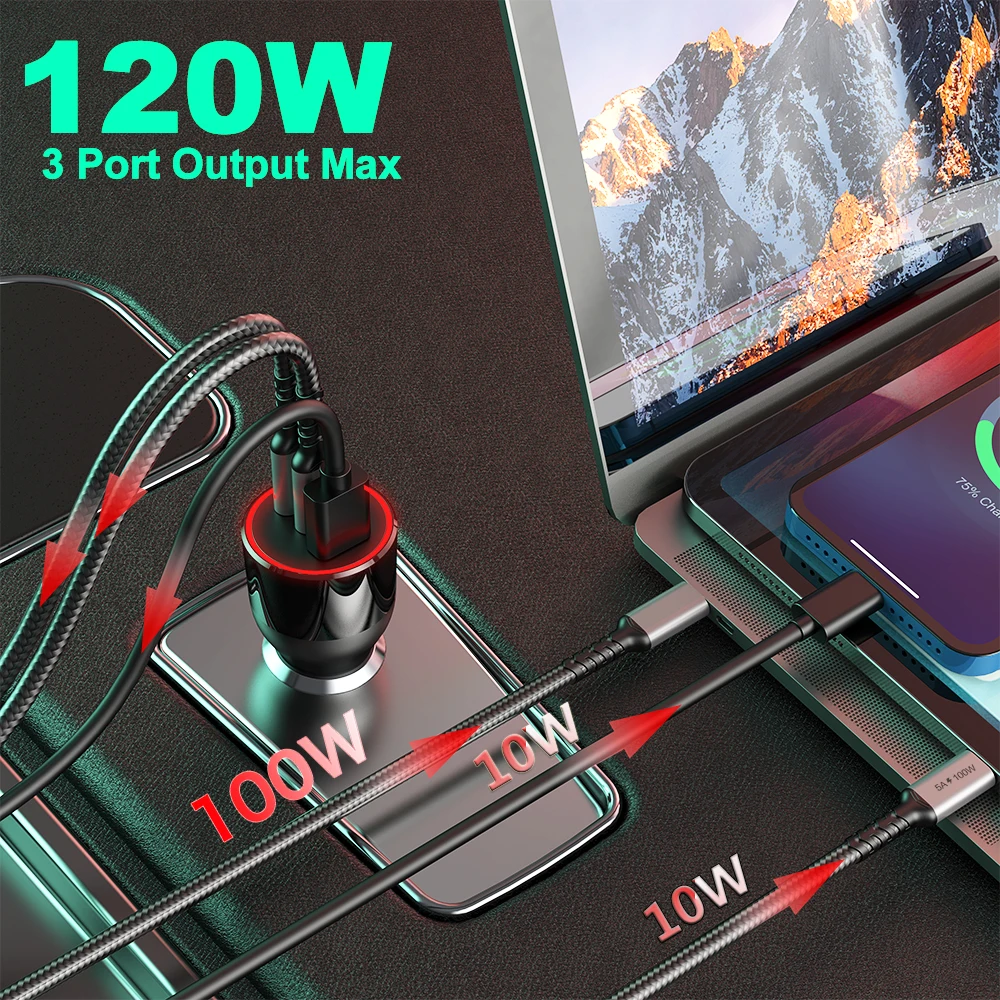 pd car charger 120w 3 port usb c fast charge pd 100w pps 45w 30w qc3 0 for macbook type c laptop iphone 13 samsung xiaomi phone free global shipping