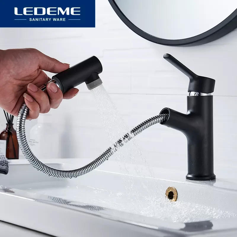 

Bathroom Basin Faucet Single Handle Pull Out Deck Mount Faucets Spray Sink Tap Hot And Cold Water L1055-25 L1055B-25