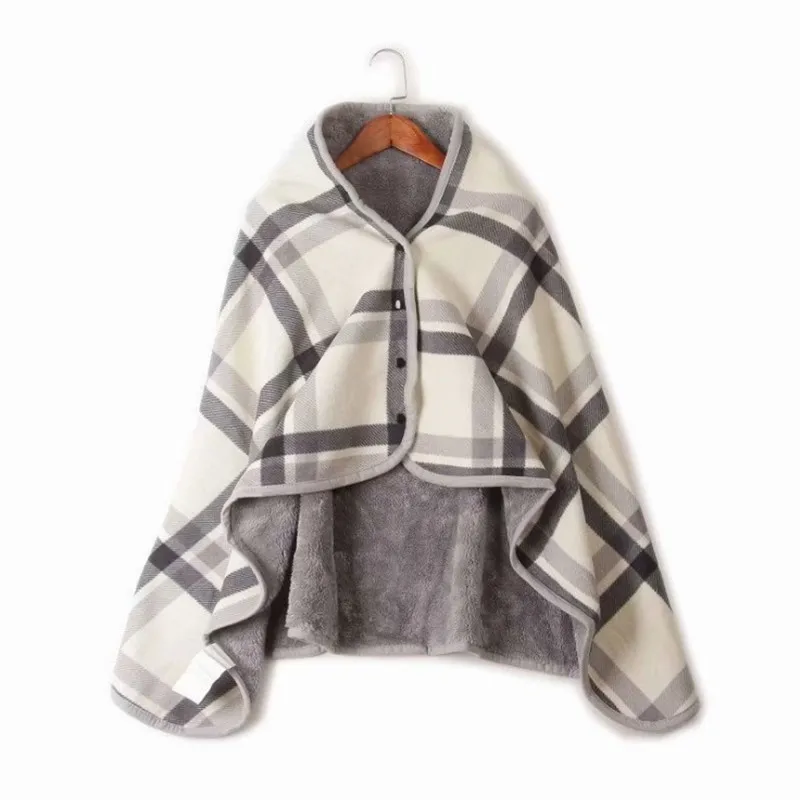 

Wearable Plaid Fleece Blanket With Button Polyester Winter Warm Throws on Sofa Bed Travel Thicken Bedroom Grey Throw Blanket